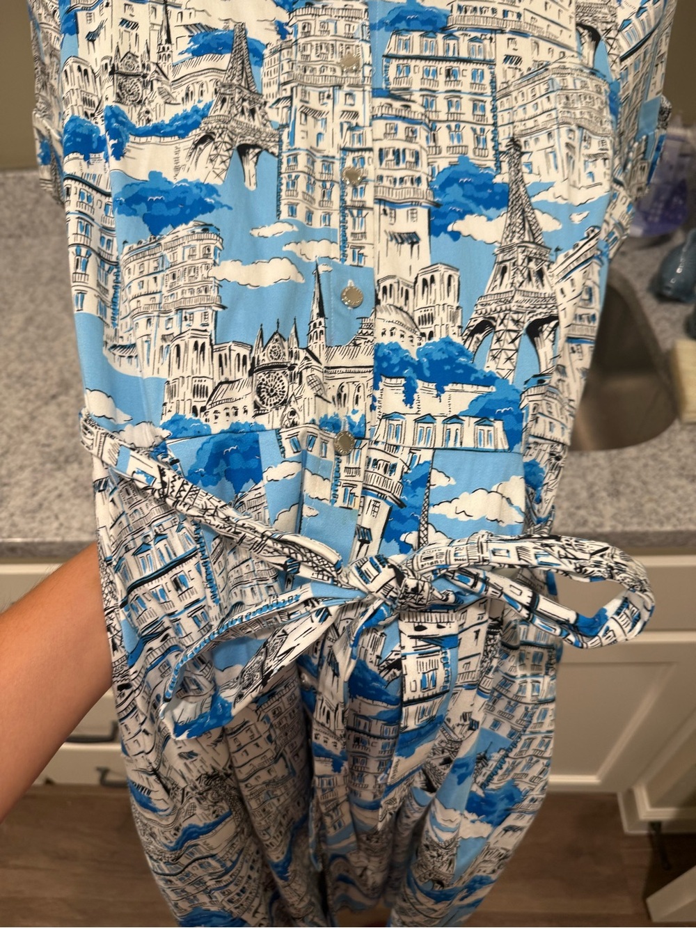 Karl Lagerfeld Blue & White Printed Midi Shirt Dress with Tie Waist - Picture 4 of 5